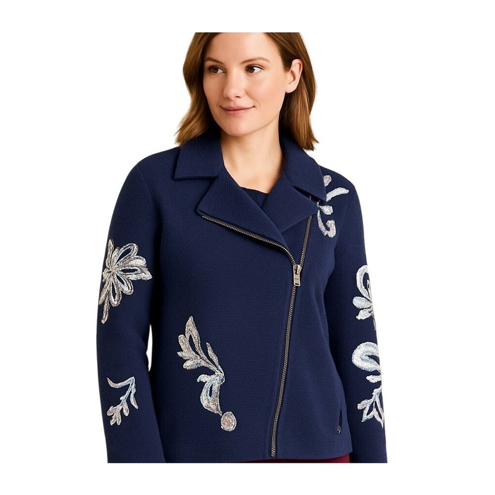 Chico’s 2 Navy Blue Embroidered Zip Jacket Textured Cotton Blend